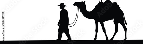 Camel, travel, silhouette, posture, gesture, rope, pack, hat, coat, desert, walk, setup, tradition, rural, transport, journey, environment, vector, black, pose, flavector