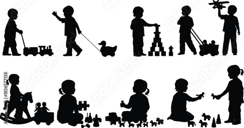 Child, toy, play, silhouette, posture, gesture, train, duck, block, wagon, doll, airplane, horse, puzzle, animal, setup, childhood, vector, black, pose, flavector