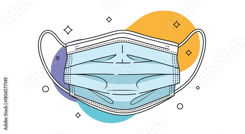 Illustration of a light blue medical face mask with ear loops and decorative shapes.