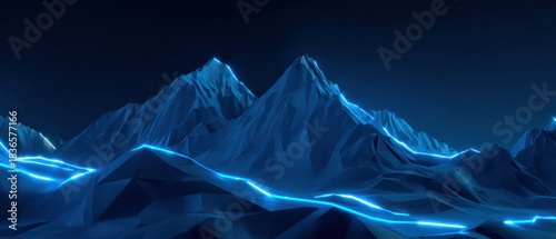 Futuristic low-poly mountain landscape with neon blue light trails