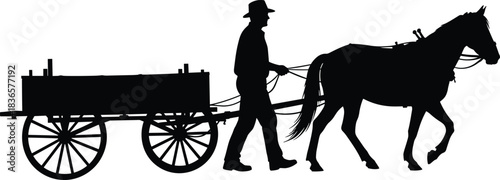 Horse, cart, transport, silhouette, posture, gesture, reins, wheel, load, hat, boot, rural, wagon, travel, setup, agriculture, tradition, vector, black, pose, flavector