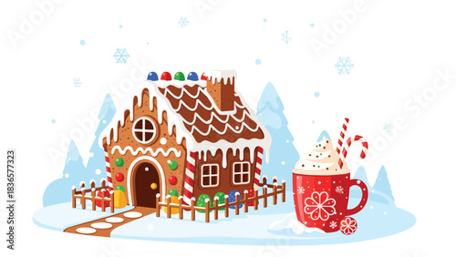 Cozy gingerbread house and festive hot chocolate scene, perfect for holiday cards, invitations, and winter promotions!
