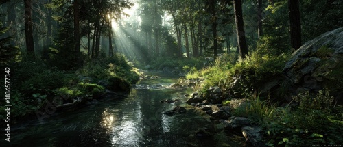 Sunlit forest stream with dramatic light rays piercing through lush green trees and reflecting on clear water, creating a serene and magical woodland landscape