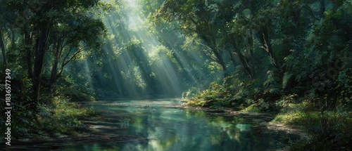 Lush green forest with sun rays piercing through the canopy, illuminating a serene river and vibrant foliage, creating a mystical woodland landscape.