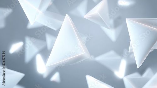Abstract 3d render of luminous white pyramids and tetrahedrons floating in a soft blue-grey space with bokeh effect