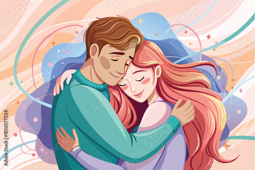 a couple embracing in a warm hug soft pastel background