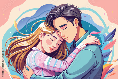 a couple embracing in a warm hug soft pastel background