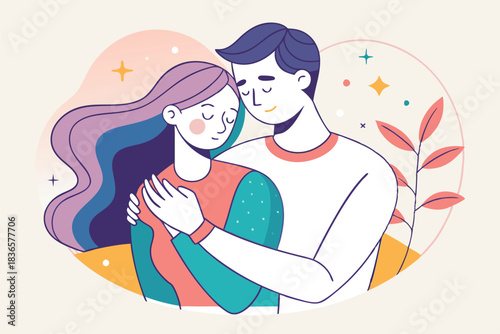 a couple gently hugging minimalist line art