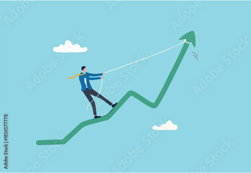 Increase sales or investment profit, growth or improvement, financial interest rate or crypto and stock market return concept, businessman pulling performance graph rising up with full effort