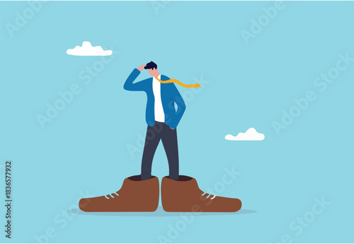 Work responsibility, put right man in the right job, working skill to fit job position, anticipation to be promoted, mistake or problem concept, frustrated businessman trying to put too big shoes. 