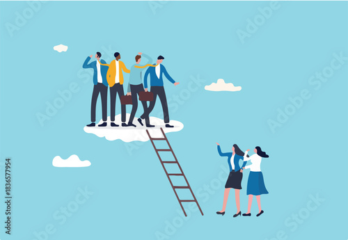 Gender gap, male domination in company executive board, unequal or unfair, inequality in management position, businessmen climb up ladder up the cloud with no space left for woman female colleagues.