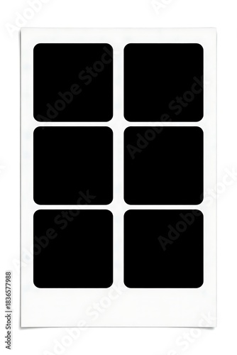 A vertical photo booth strip template featuring empty black six slots separated by white frame, isolated on white background