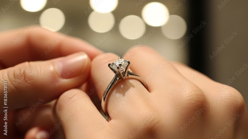 Obraz premium Close up of engagement ring on finger with bokeh background