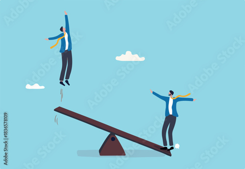 Manager support, effort to help partner reaching goal, assistance to get solution, teamwork or collaboration for success, businessman manager jump on seesaw help colleague jump high to reach target