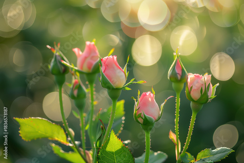 The rose buds on the bush are buried in the golden rays of the sunset.