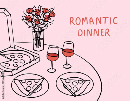 Romantic dinner poster, banner or placard with pizza. Served table for two, couples, lovers in restaurant or home in ink style.