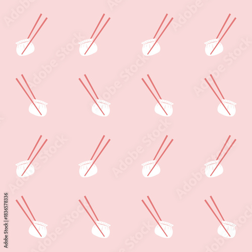 Seamless pattern Chinese dumpling and chopsticks on pink background