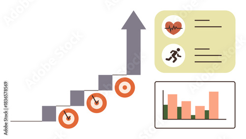 Steps leading to growth arrow with target markers, fitness and health symbols, bar chart analytics. Ideal for growth strategy, health tracking, business success, visualization, progress, goal
