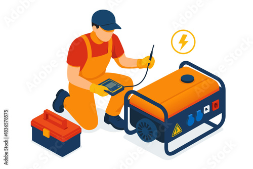 Professional technician servicing portable generator with multimeter for reliable power backup during emergencies and outages