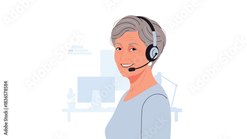 Smiling senior woman with headset provides professional remote customer support from her modern home office setting