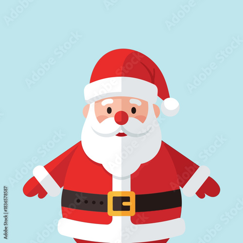 A cheerful cartoon illustration of Santa Claus with a red hat, white beard, and suit on a light blue background.