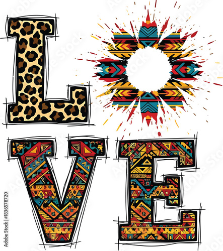 LOVE Word Composition with Leopard Print L and Tribal Pattern Letters Isolated on Transparent