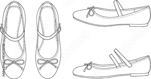 Women's Mary Jane Ballet Flats with Double Straps and Bow Detail, Technical Fashion Drawing - CAD Drawing Flat Vector Illustration