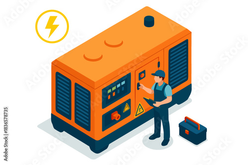 Reliable power solution: Technician servicing generator for backup energy in case of outage or grid failure, ensuring uptime