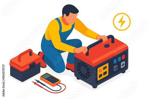 Professional technician repairing generator with toolbox and multimeter in isometric view for energy maintenance and emergency power