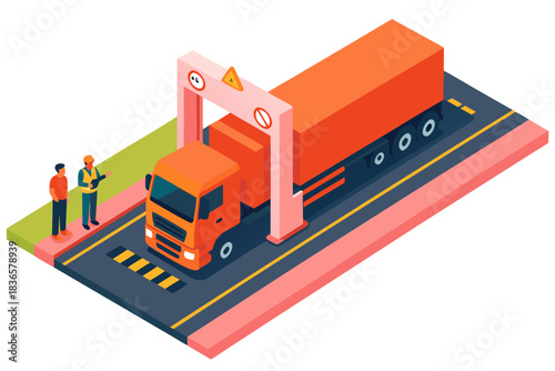 Commercial semi truck passing through weight inspection station with logistics officers overseeing security scan