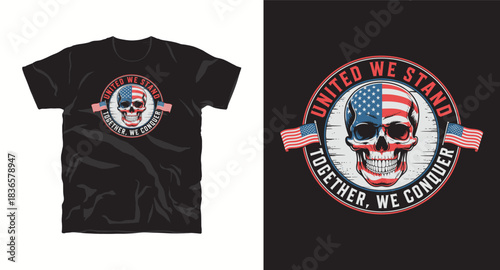 United we stand t-shirt design with skull and american flag