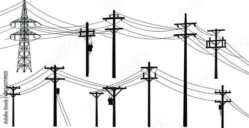 Electrical utility poles, power lines, transmission tower silhouettes, infrastructure energy network, industrial distribution system graphics, cad drawing flat vector illustration