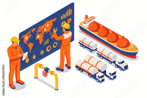 Engineers analyze global energy logistics with map data near oil tankers and transport trucks