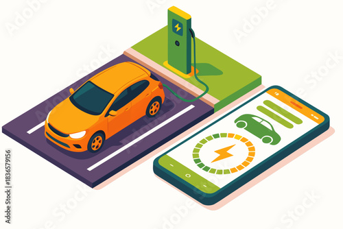 Isometric electric car charging at station with mobile app showing battery status, future transport innovation for sustainable lifestyle