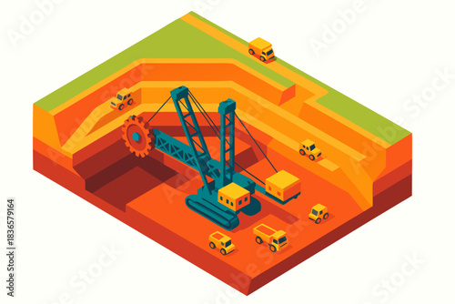 Isometric illustration of a vibrant open pit mine operation with trucks and crane equipment excavating raw materials