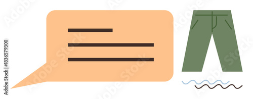 Speech bubble with text lines, green pants illustration, wavy line. Ideal for shopping, apparel reviews, feedback, clothing, communication customer engagement marketing. Minimal flat metaphor