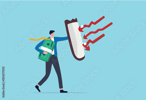 Future proof wealth management, inflation protection or protect from stock market crash, investment stock in market downturn concept, businessman investor holding shield to protect from red arrow bow.
