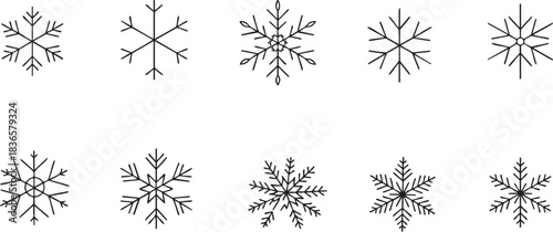 Ten different snowflake icons line art for winter holiday season
