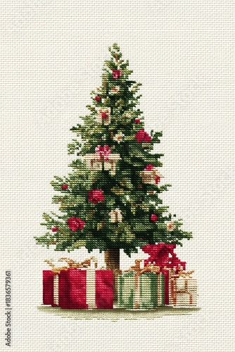 Vintage embroidered Christmas tree with red ornaments and wrapped gifts