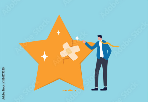 Reputation management, customer experience or rating, crisis management to repair or fix customer trust problem, credit score or satisfaction concept, businessman fix broken rating star with bandage