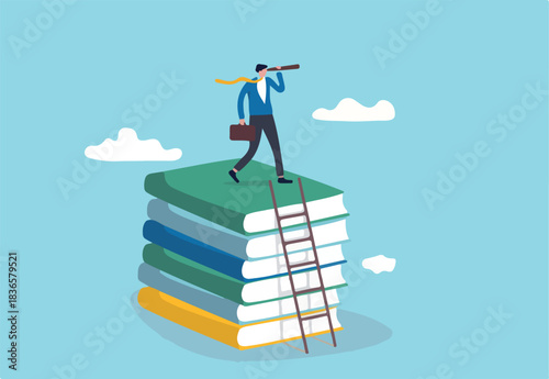 Business skills for career opportunity, knowledge or education for future job, challenge and personal improvement, reading list concept, businessman climb up ladder on books stack for good vision