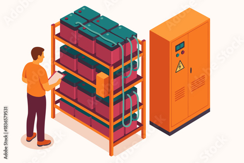 Technician inspecting large energy storage battery bank connected to power inverter system for renewable energy site
