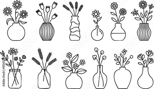 Assortment of Delicate Flower Arrangements in Vases and Jars Outline Style