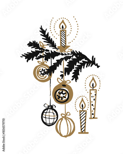 Hand drawing black and gold illustration with spruce branch, candles and baubles. Retro style illustration