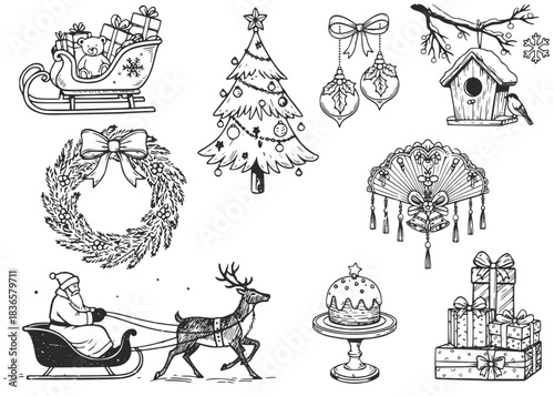 Hand drawn Christmas and winter elements on white background