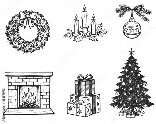 Hand drawn Christmas and winter elements on white background