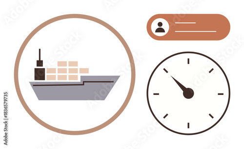Cargo ship carrying containers, clock indicating time, user profile implying tracking or scheduling. Ideal for logistics, delivery, management, business, shipping timing efficiency. A simple flat