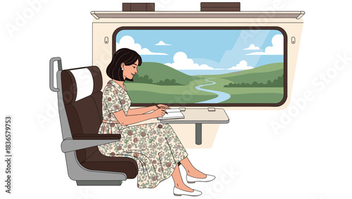 Elegant woman sketching in notebook during scenic train journey, capturing travel memories and inspiring creative writing projects