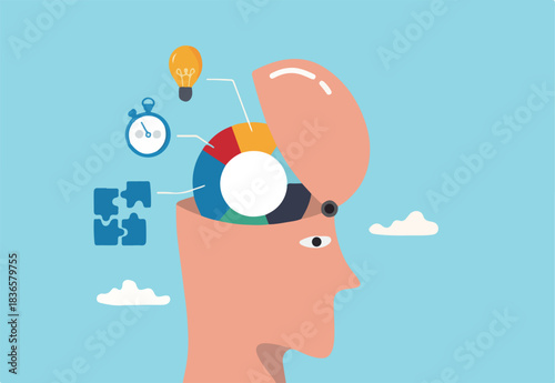 Cognitive ability skill to think and process solution or idea to solve problem in timely manner, intelligence, knowledge or aptitude test, human head brain with pie chart of idea, solution and time