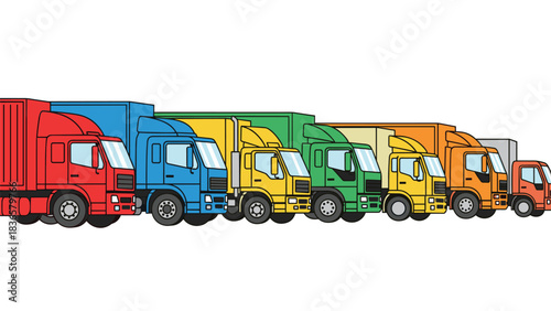 Colorful cartoon trucks lined up for delivery and logistics ready for transport to their destination with happy transport drivers